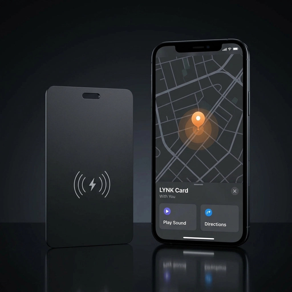 LYNK Card Tracker standing beside a phone showing its position on a map, with Play Sound and Directions buttons