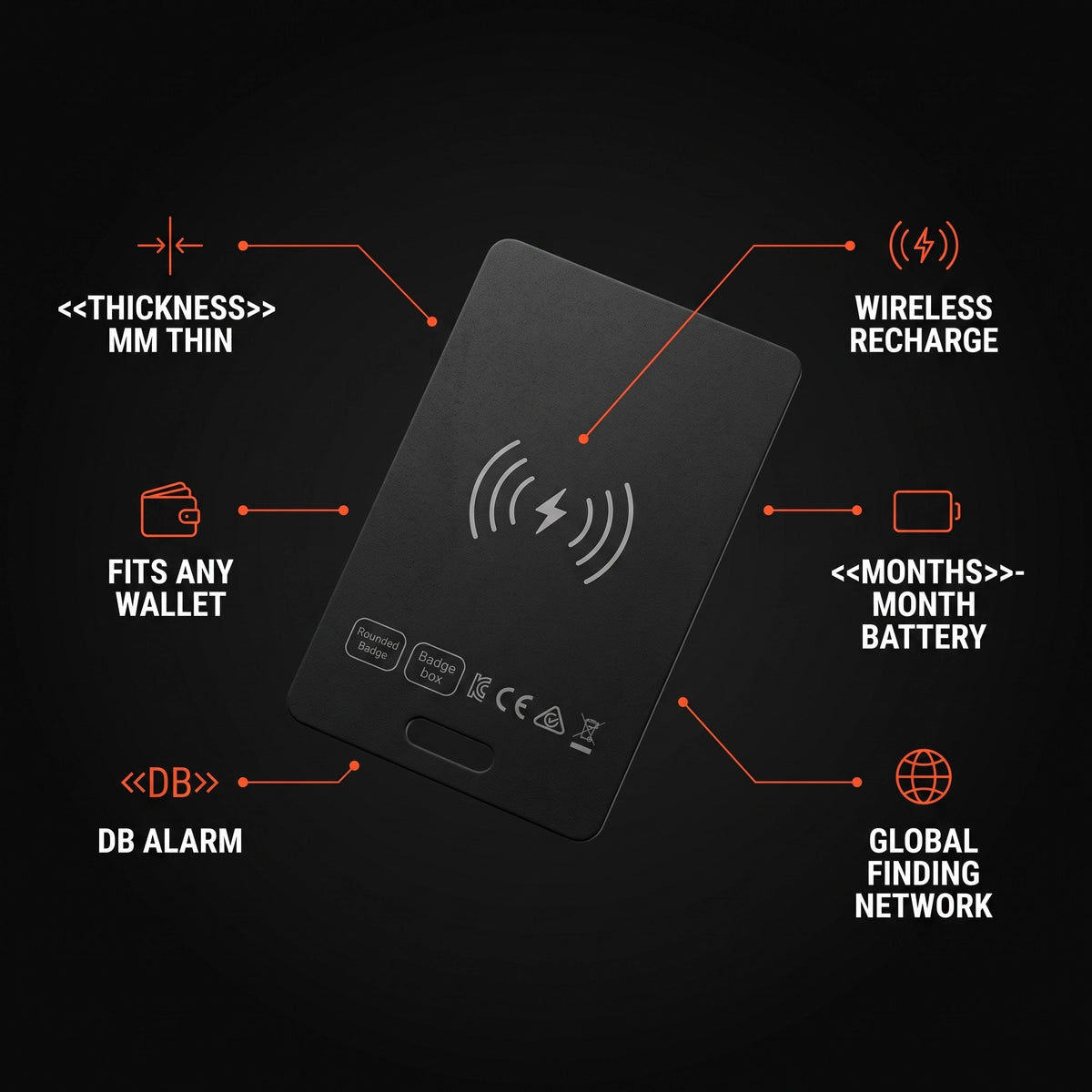 Labelled diagram of the LYNK Card Tracker calling out its thickness, wireless recharging, battery life, alarm and finding network