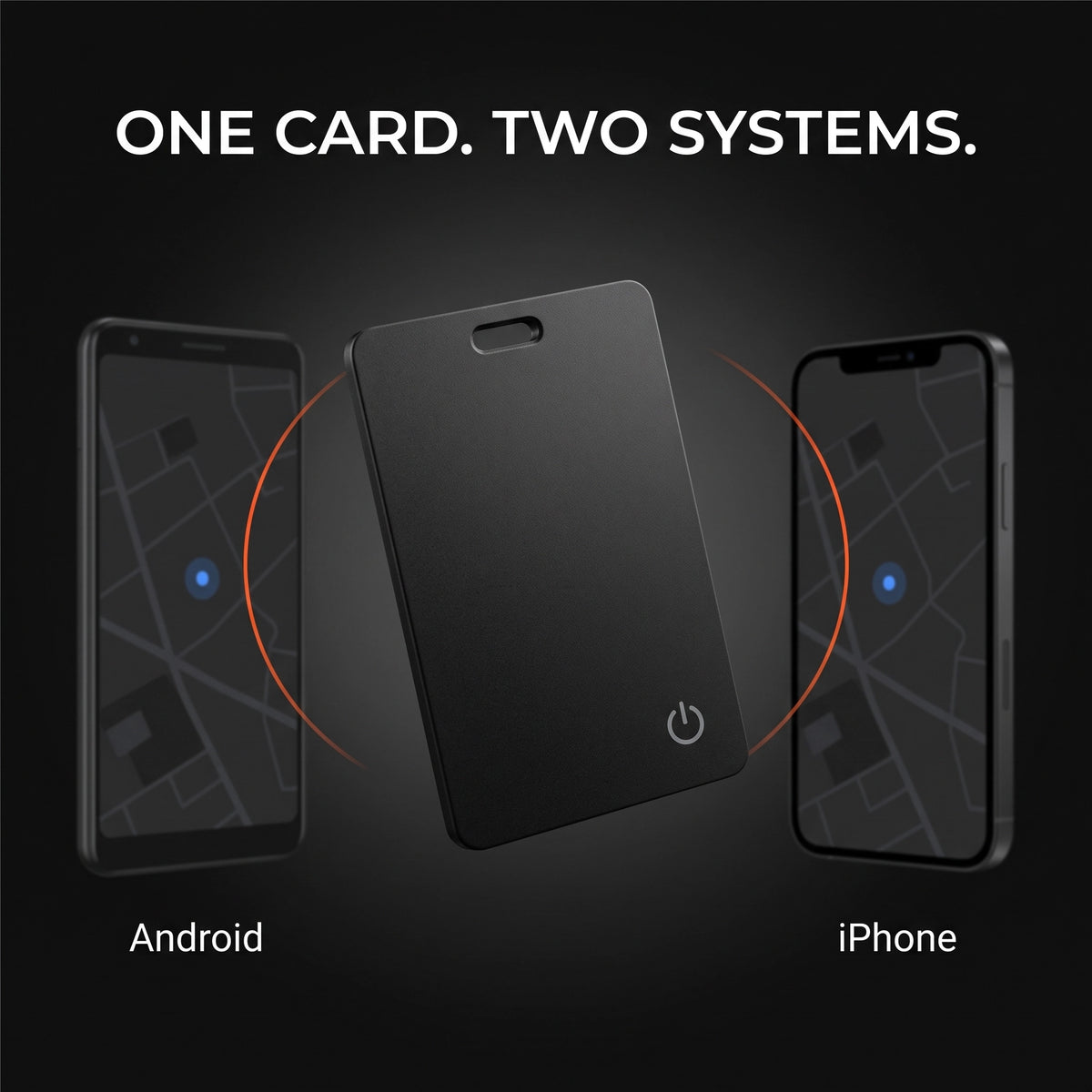 LYNK Card Tracker between an Android phone and an iPhone, captioned One Card. Two Systems.