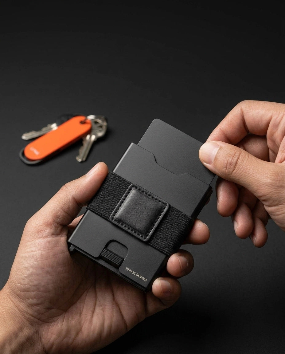 A hand drawing a LYNK Card Tracker out of a black metal wallet, with keys on an orange key organiser alongside