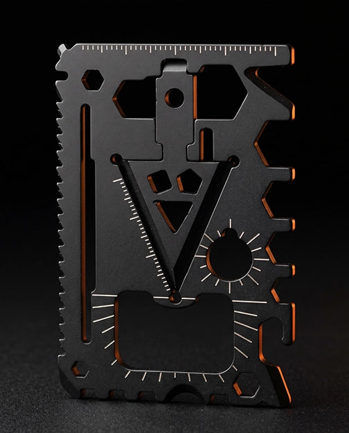 LYNK Pocket Multi-Tool Card seen flat from the front, showing the hex wrench openings, ruler edge and bottle opener