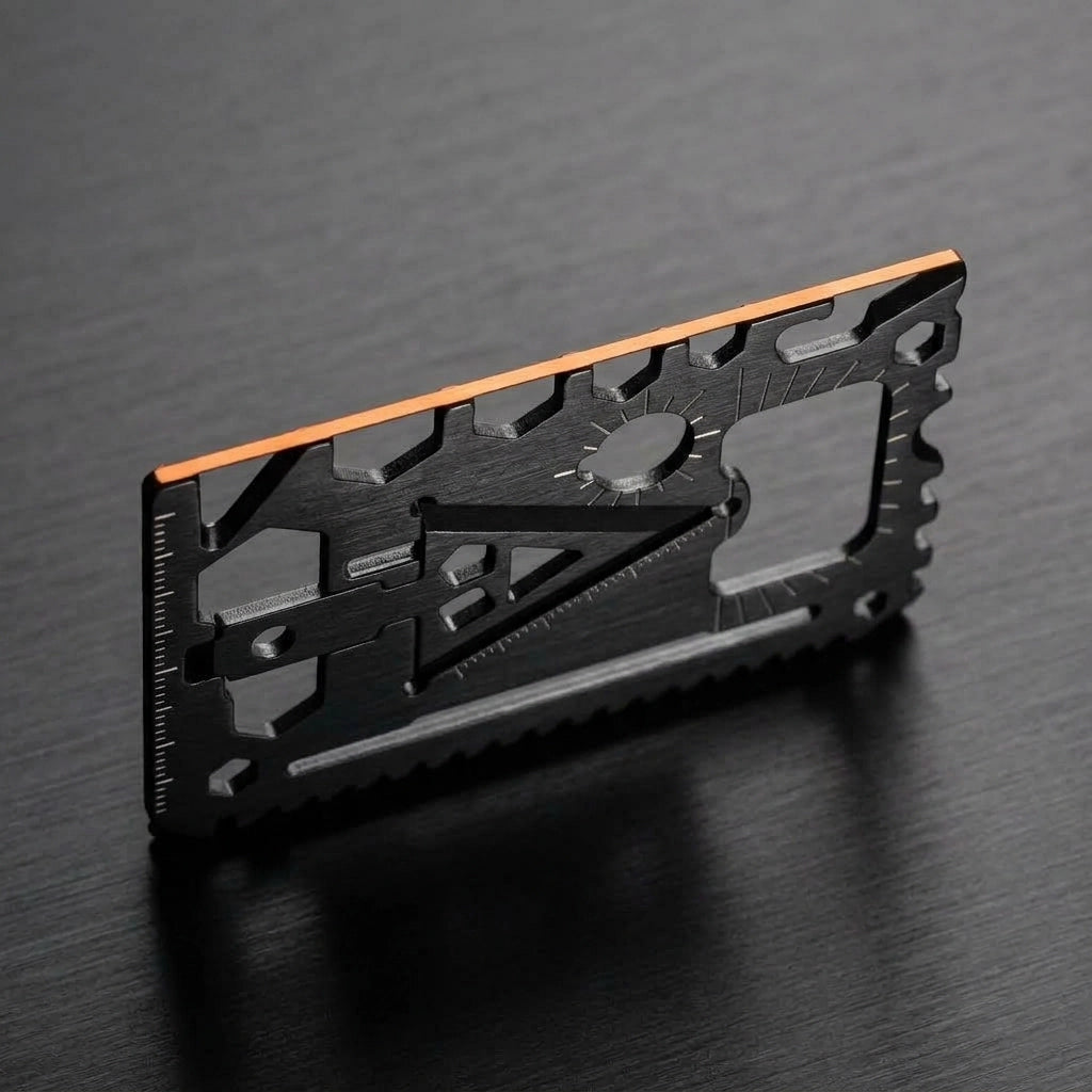 LYNK Pocket Multi-Tool Card resting at an angle on dark wood, seen almost edge-on to show how thin the steel is