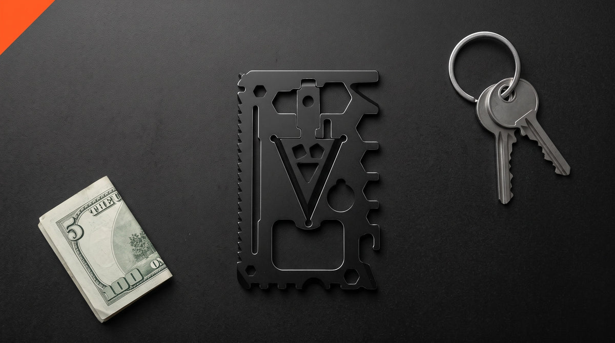 LYNK Pocket Multi-Tool Card laid between folded banknotes and a set of keys, showing it is about credit-card sized