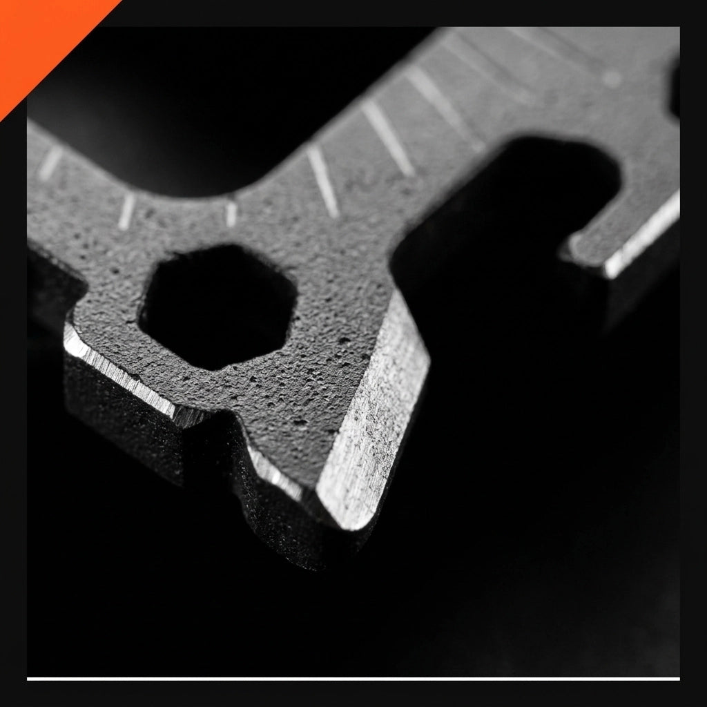 Close-up of the hex wrench openings and the ruler markings cut into the LYNK Pocket Multi-Tool Card